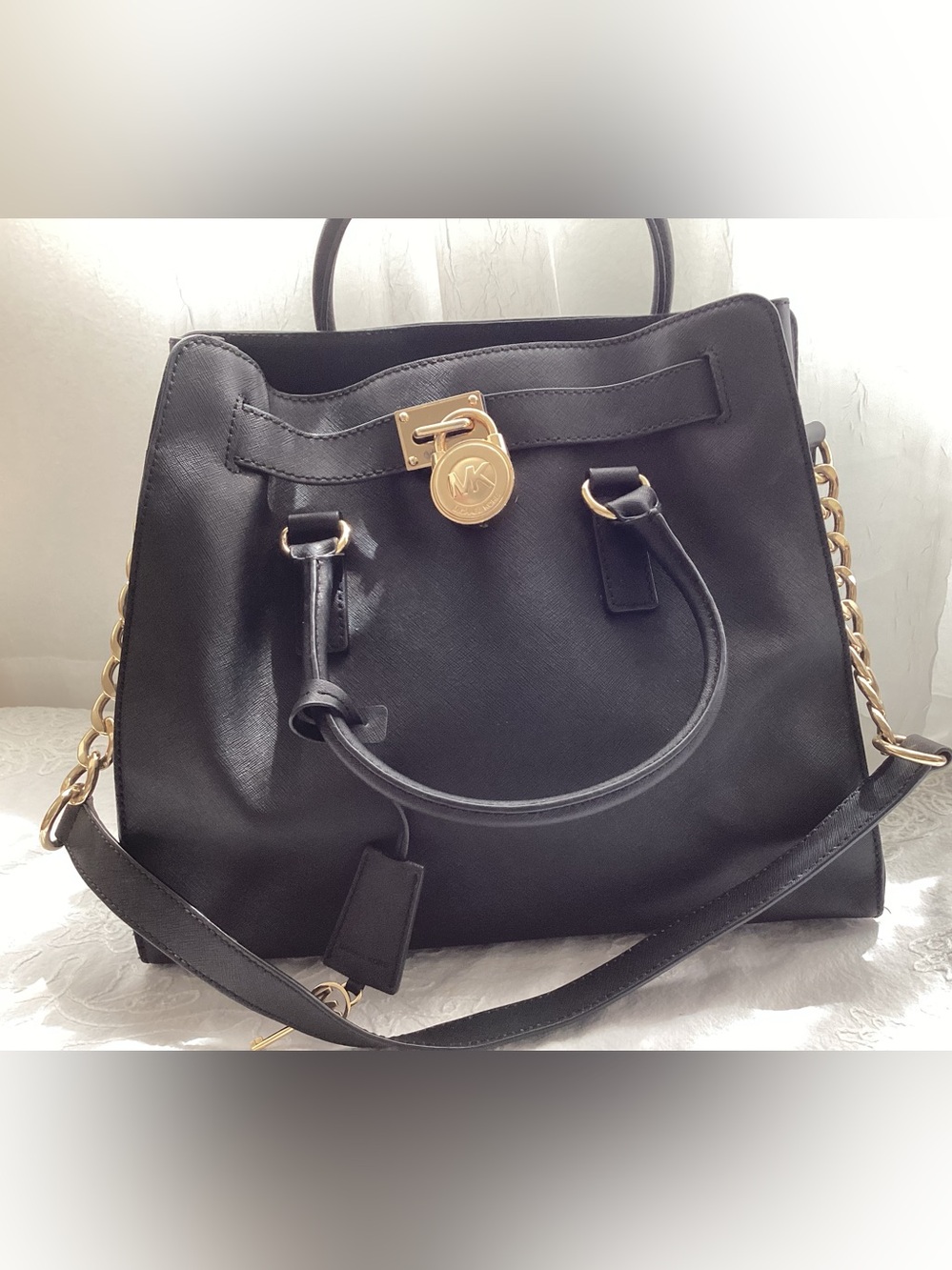 Michael Kors Black Leather Satchel with Gold-Tone Chain Trim